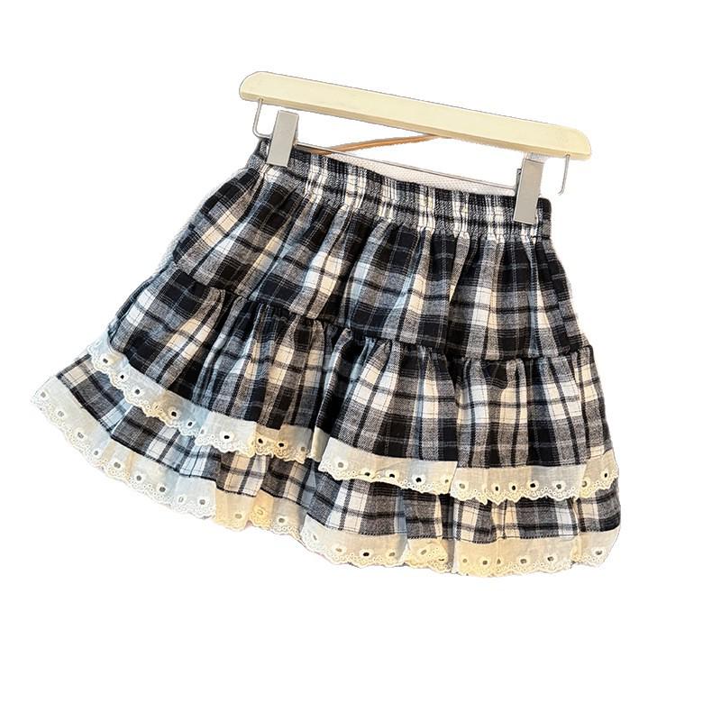 Elastic Plaid Lace Patchwork A-Line Puffy Skirt with Bow