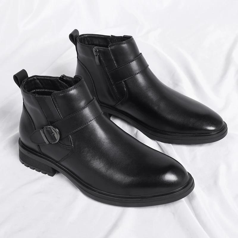 2024 Men's Shoes High Top British Motorcycle Leather Boots Men Thick Sole Trend Chelsea Boots Mens Casual Shoes platform boots