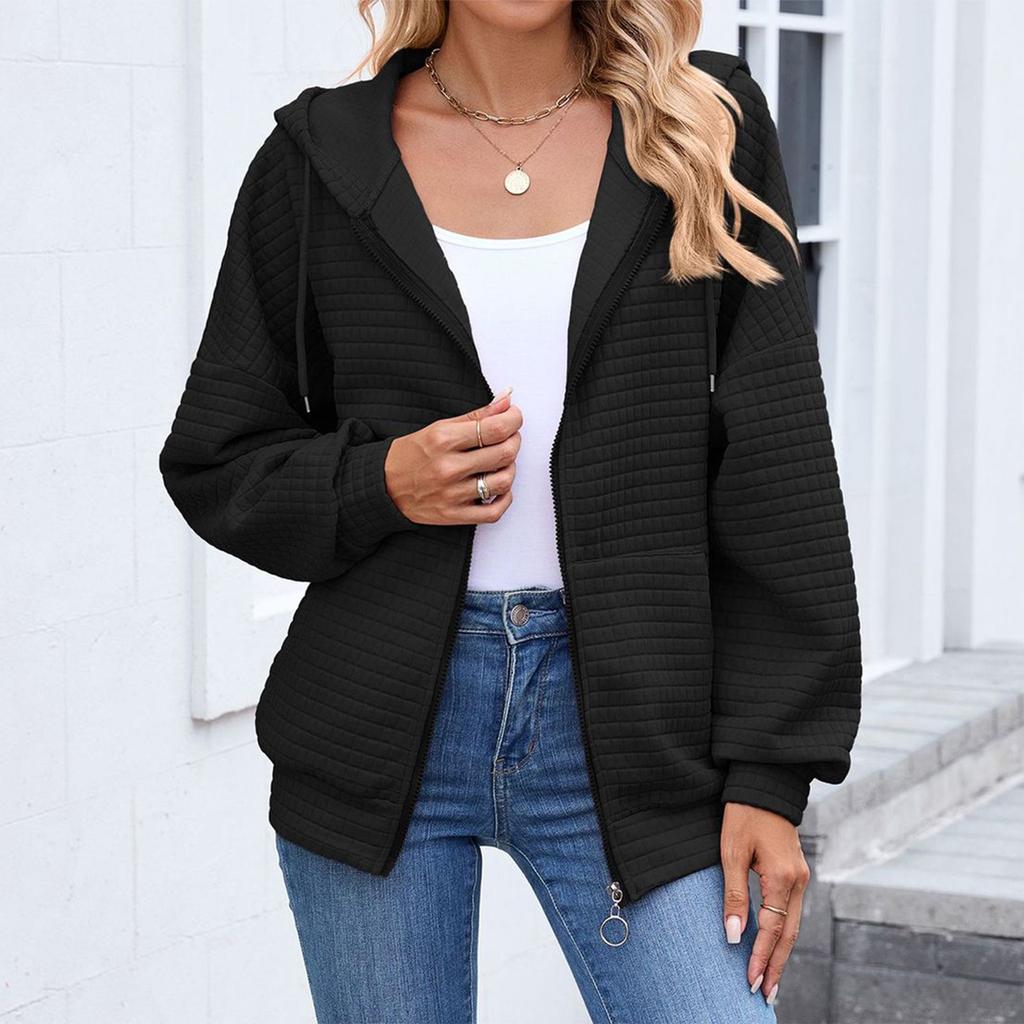 Women's Fashionable Solid Color Zipper Long Sleeved Hooded Pocket Sweatshirt Jacket