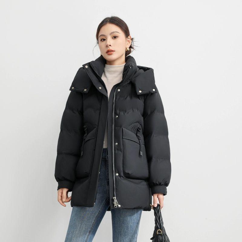 Women's Black Down Jacket: Mid-Age Style with Removable Hood and Large Pockets, Thickened for Extra Warmth