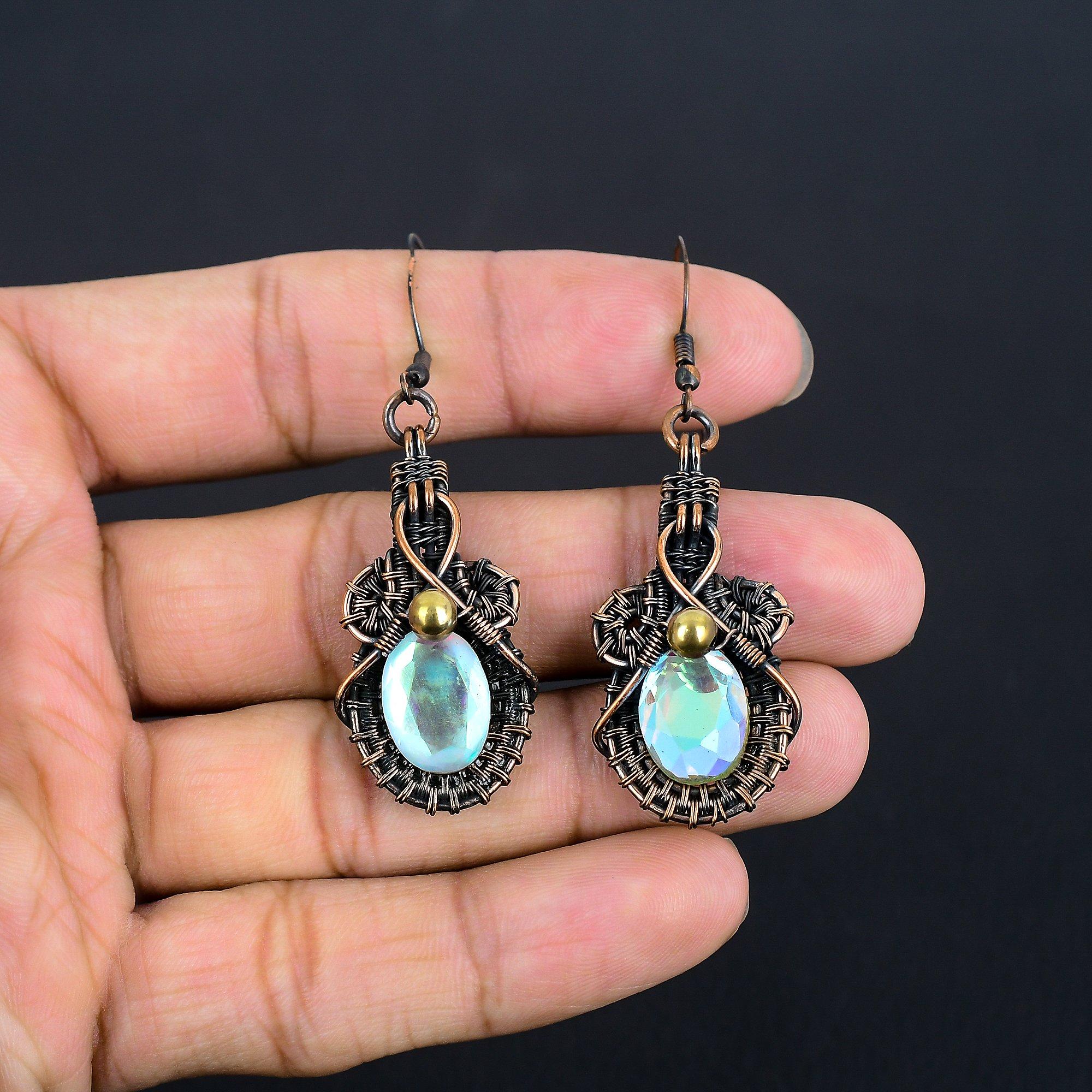 

Серьги с мистическим топазом, обернутые медной проволокой 999 пробы, Серьги с драгоценными камнями ручной работы, На День памяти 1.77 Inches