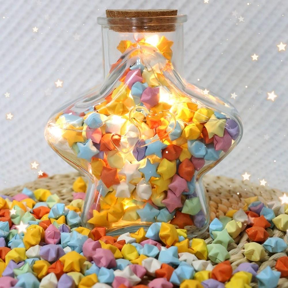 DIY DIY Stars Wishing Bottle Glass Bottle with Shiny String Lights Origami Stars Paper Strips Rainbow Color Paper Star