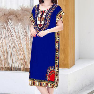 Robe Femme Style Ethnique Col Rond Imprimé Couleur Contrastée Imprimé Géométrique Pull Ample Manches Courtes Robe Midi Vêtements Femme