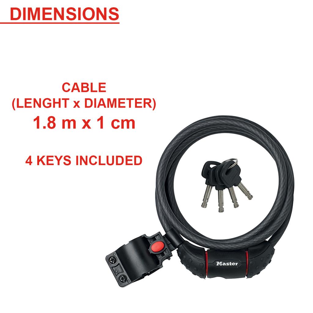 Master Lock Bike Lock Cable, 4 Keys, 180 cm x 8 mm, Mounting Bracket