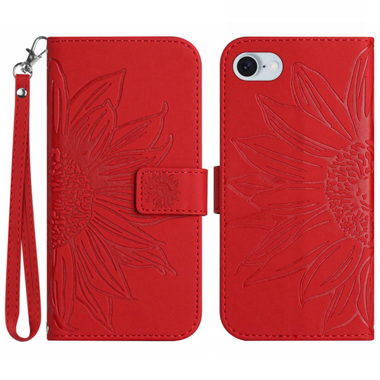 

HT04 For iPhone 16e Case with Wrist Strap Sunflower Pattern Phone Wallet Cover Red
