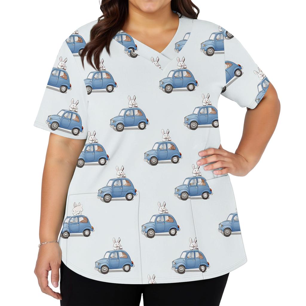 Women's Fashionable V-neck Short-sleeved Work Top With Double Side Slits And Pockets, Featuring Easter Bunny And Egg Prints.