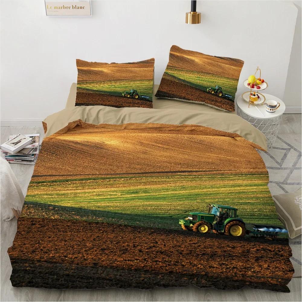 Tractor Kids Duvet Cover, Monster Truck On Farm Pattern Comforter Cover Set King/Queen Size, Country Boys Hobby Car Bedding Set