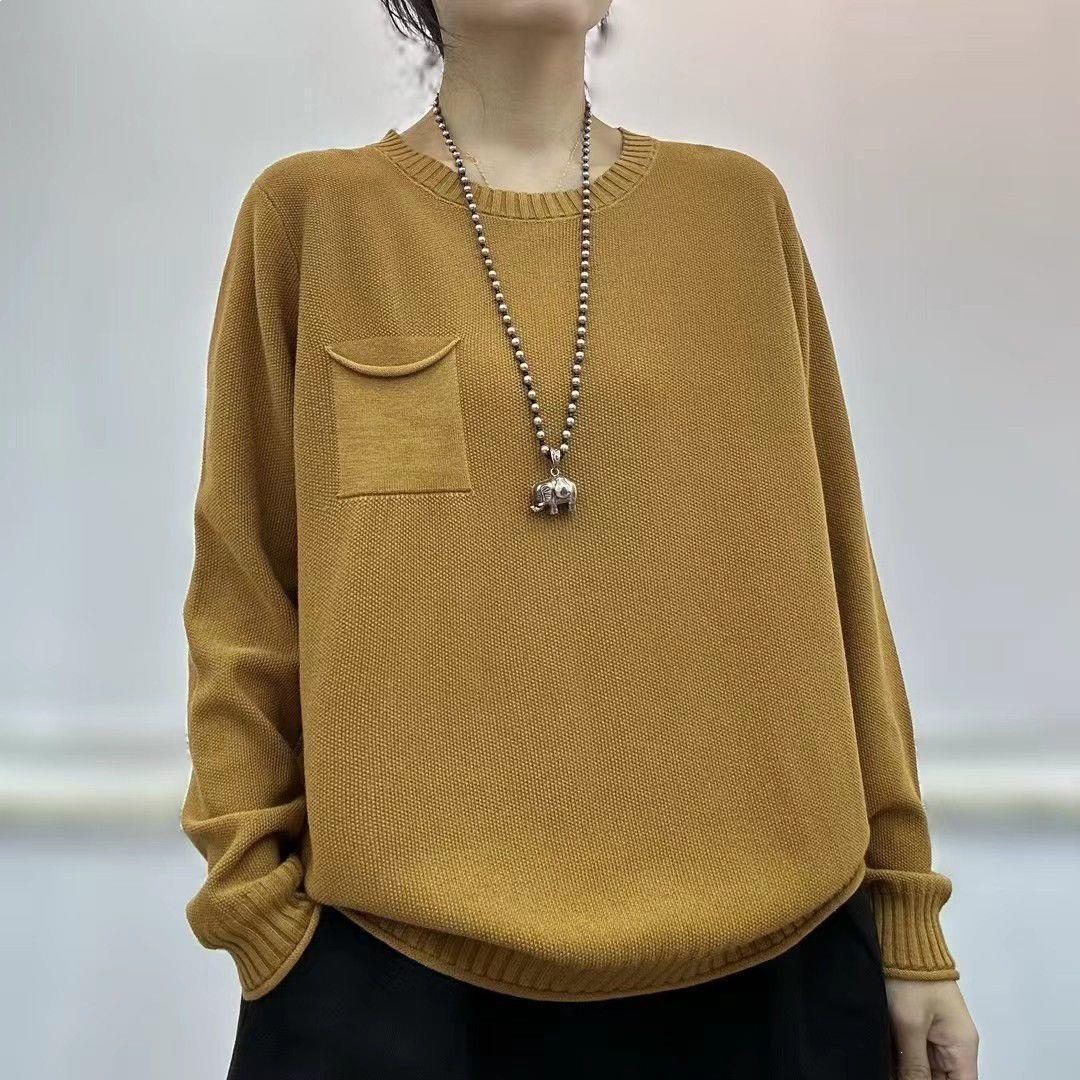 

Women s Plus Size Cotton Knitwear - Slimming Loose Fit, Round Neck, Long Sleeve, Solid Color, Stretchable 4XL (for 165-180 jin)