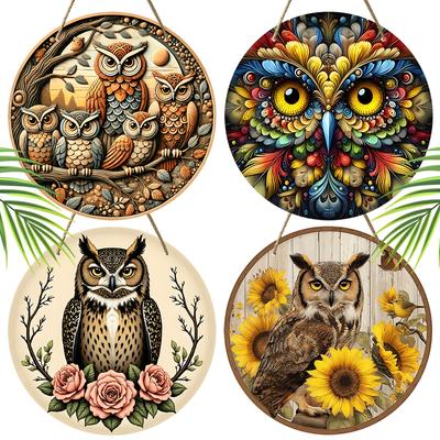 4 diversi stili di cartello in legno con motivo gufi, targhe decorative uniche per porta d'ingresso, decorazione da appendere alla parete, regalo ideale per amici e famiglia