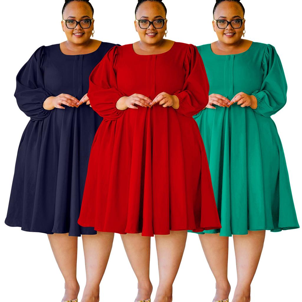 Plus Size Women's Fashion Casual Solid Color Skirt Puffy Sleeve Dress