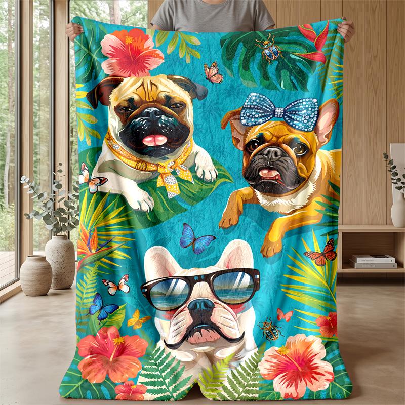 Pug Paradise Floral Theme blanket Lightweight Warm Flannel Blanket Decorative Throw Blanket for Home Decoration