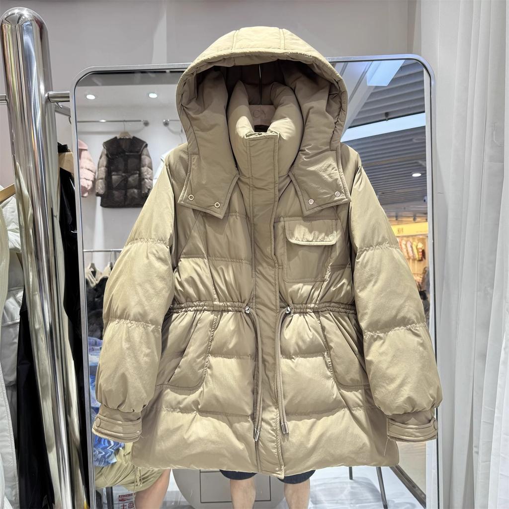 Autumn and winter new down jackets women's medium and long hooded waist drawstring thickened fashionable duck down warm jacket
