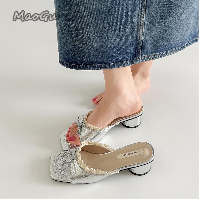 Fashion Women's Footwear Butterfly-knot Square Toe Women Slippers Elegant Thick Heel Slides Ladies Concise Beach Dress Sandalias Fashion