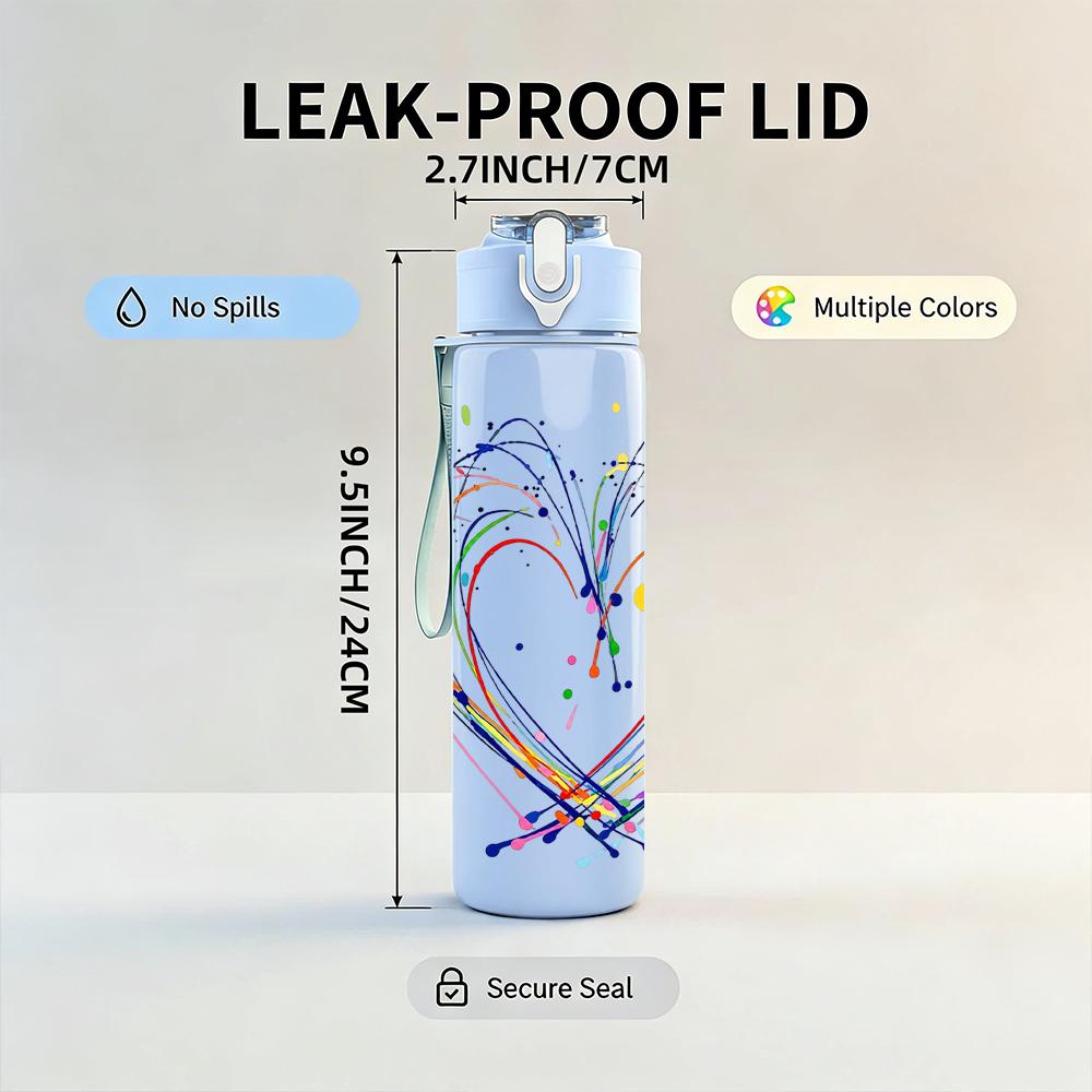 1PC Rainbow Graffiti Heart Sketch 750ml Color Plastic Sports Water Bottle Leakproof Flip Straw Lid Suitable for Sports Office Home Use