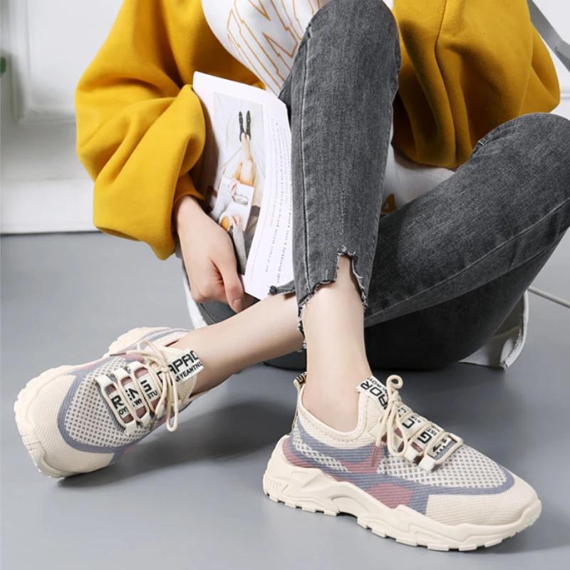 Damen Sneaker Mesh Atmungsaktive Laufschuhe Damen Schnürschuhe Plateau Casual Sportschuhe Weich Bequem Damenschuhe tenis de mujer