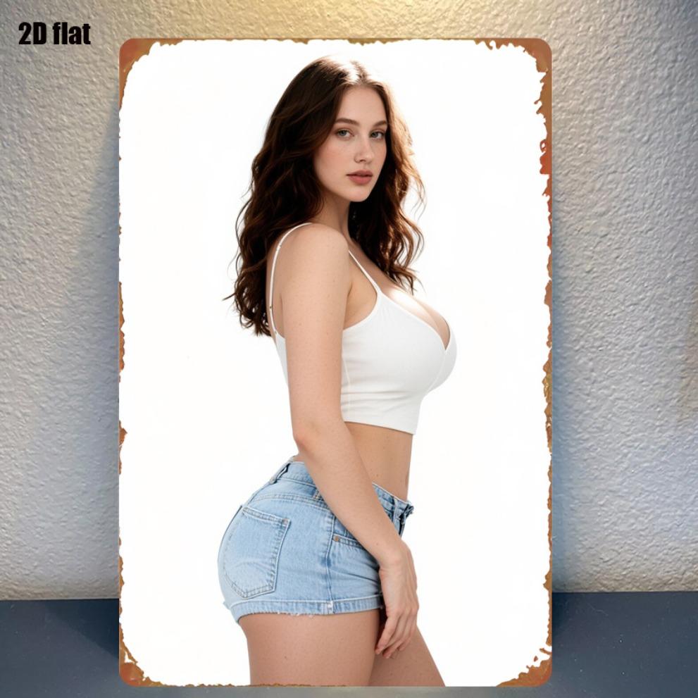 Fashion Art Metal Sign Side View Female White Vest Denim Shorts Modern Wall Decor 20x30cm(7.8x11.8inch)
