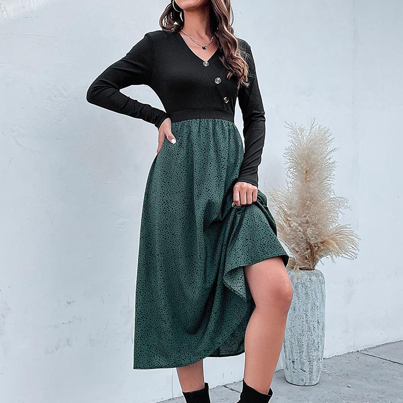 

YYFS Женская мода весна-осень с принтом в горошек, длинным рукавом, V-образным вырезом, высокой талией, повседневные платья S