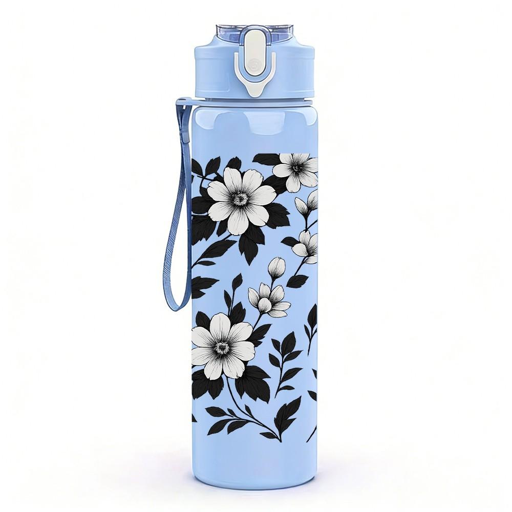 1PC Black White Wild Daisy Floral 750ml Color Plastic Sports Water Bottle Leakproof Flip Straw Lid For Sports Office Home Use