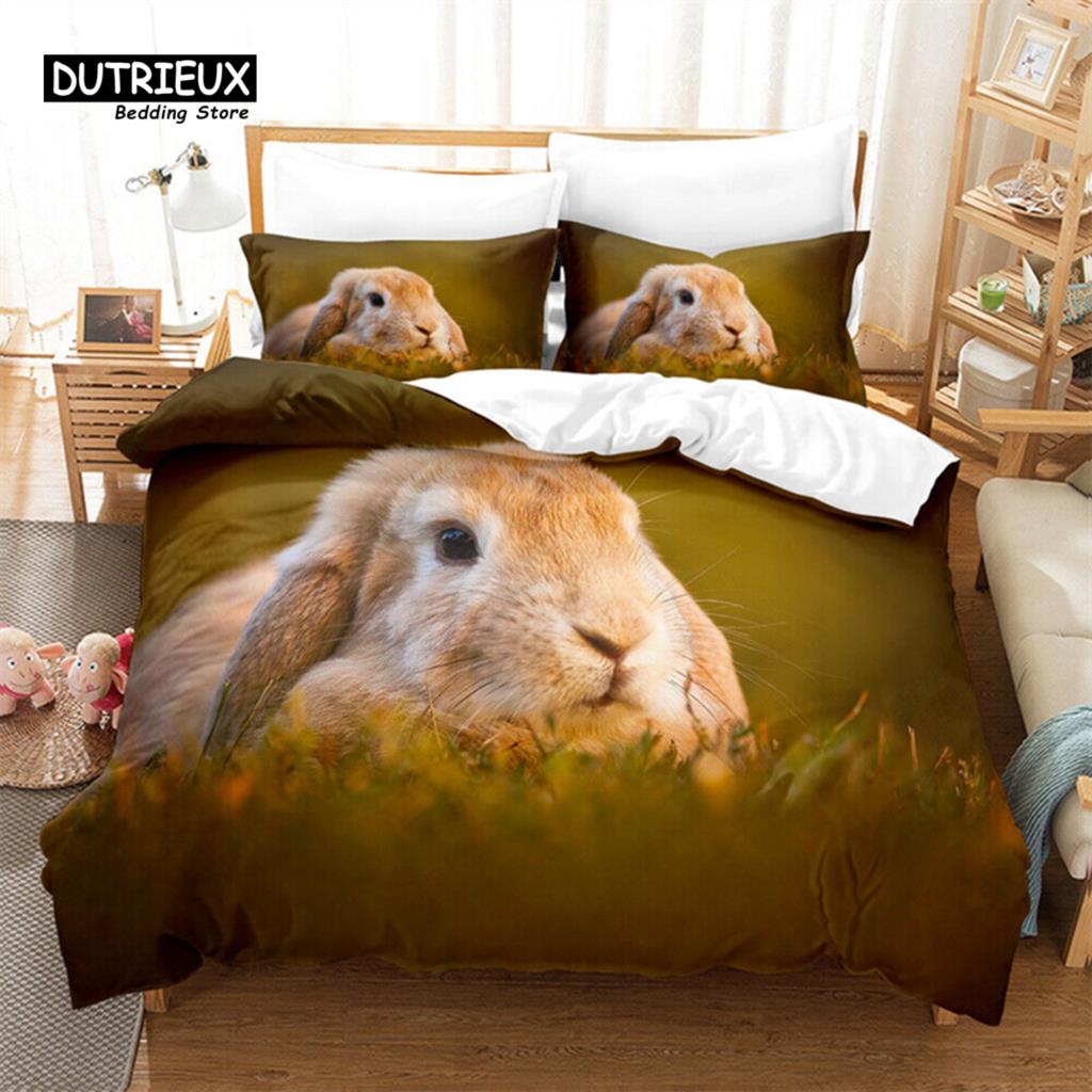 Bunnies Duvet Cover Mushroom Floral Bedding Set Cute Animal Rabbit Quilt Cover Twin Size Greetings and Presents for Easter Day