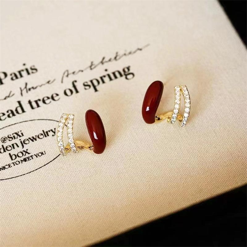 Wine Red C-shaped Stud Earrings for Women Curved Crystal Luxury Wedding Ear Decoration Female Small Earrings new trend