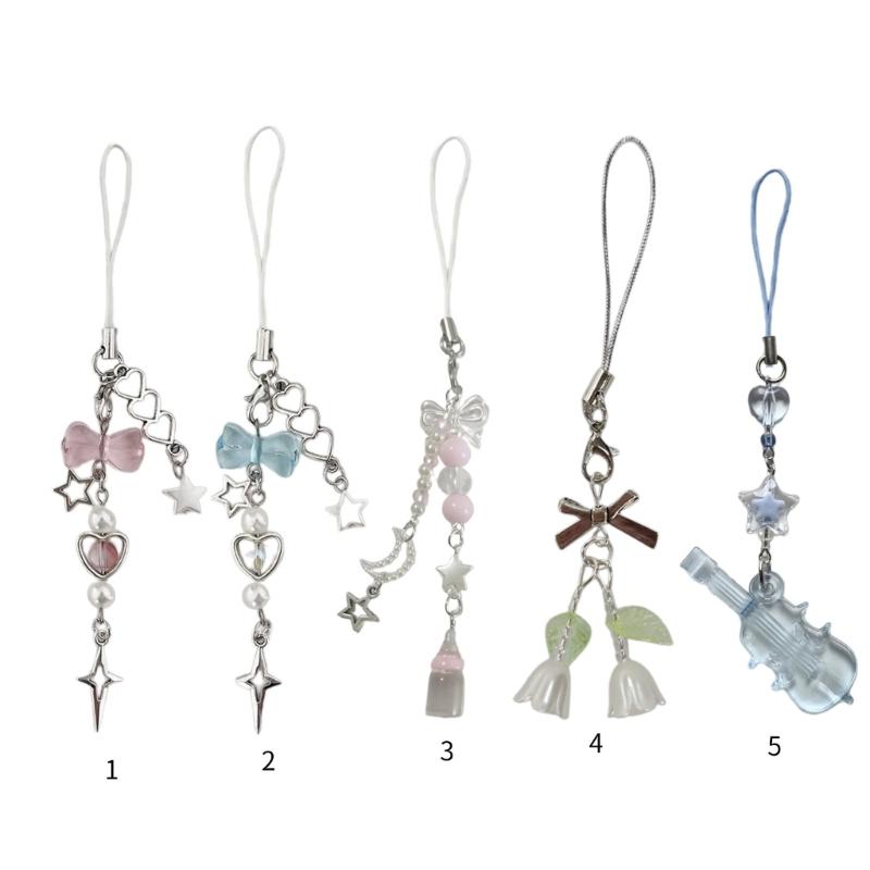 Fashionable Keychain with Bead Phone Charm Unique Bowknot Keychain Vibrant Beaded Pendant for Cellphone
