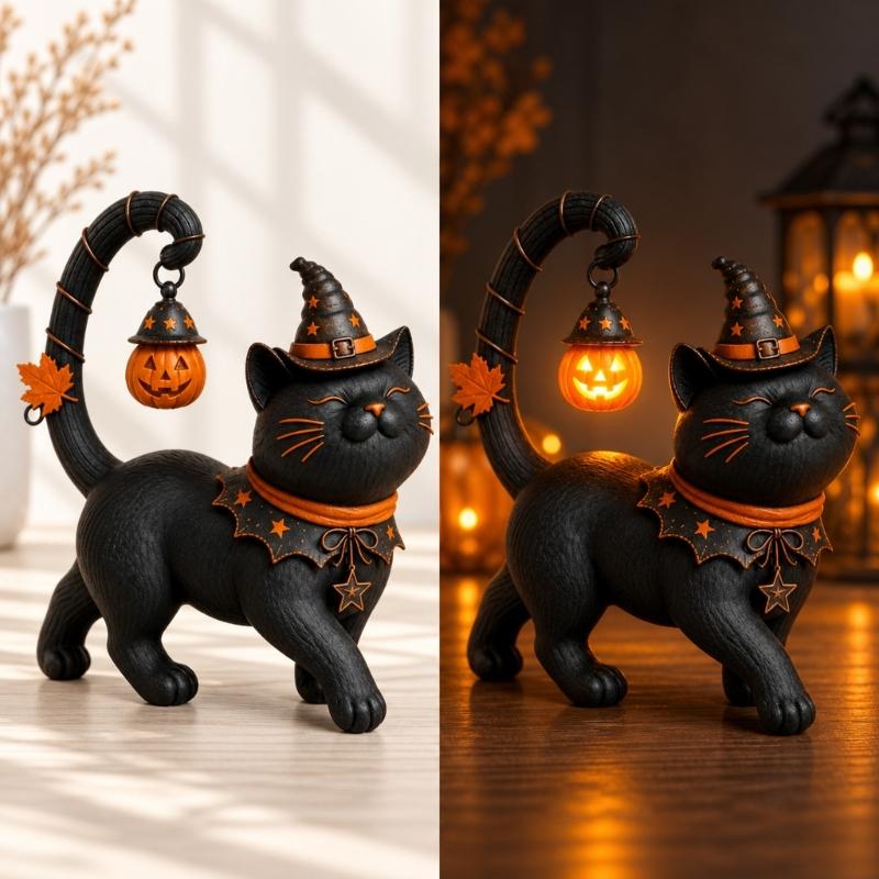 Standing Halloween Cats Decoration, Dark Figure with Pointed Hat and Aged-Look Finish for Entryway, Shelf, Office, or Desk Arrangement