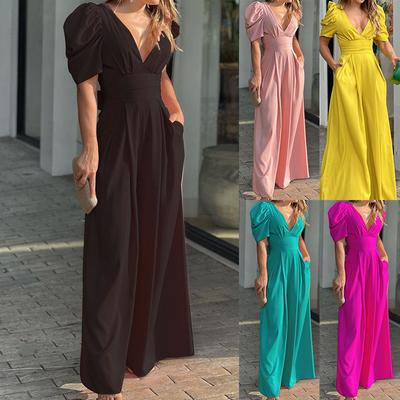Casual Women Short Puff Sleeve V Neck High Waist Wide Leg Pants Overalls Y2K Summer Elegant Corset Loose Jumpsuit One Pieces
