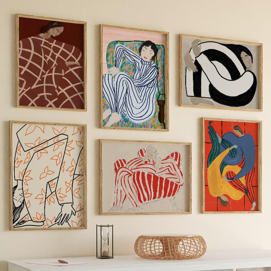 Abstract Figure Lines Stripe Girl Colorful Wall Art Canvas Painting Posters And Prints Hotel Bar Pictures For Living Room Decor