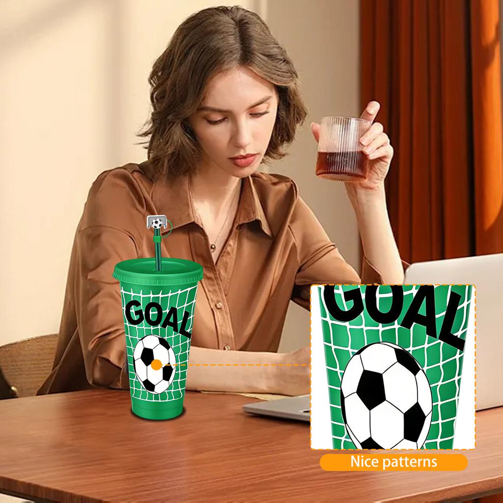 Large Capacity 710ml Single-Wall Plastic Cup With Soccer Pattern And Straw