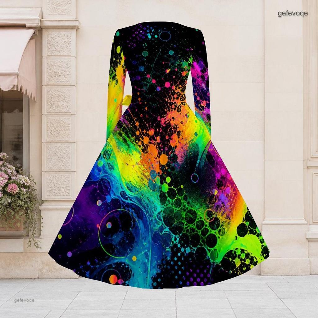 Women Plus Size V Neck Long Sleeve Rainbow Splash Printed Tie Waist A Line Midi Dress