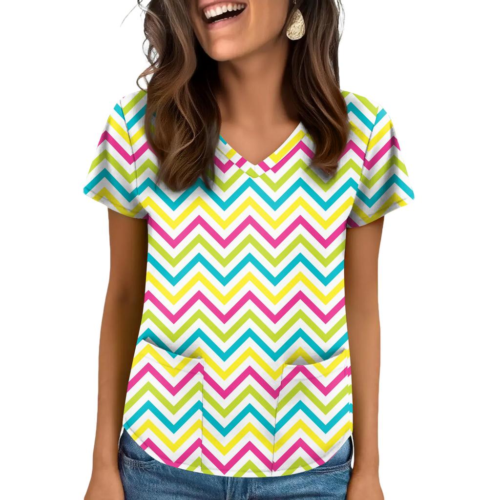 Women's V-Neck Easter Print Short-Sleeve Pocket Top With Side Slit