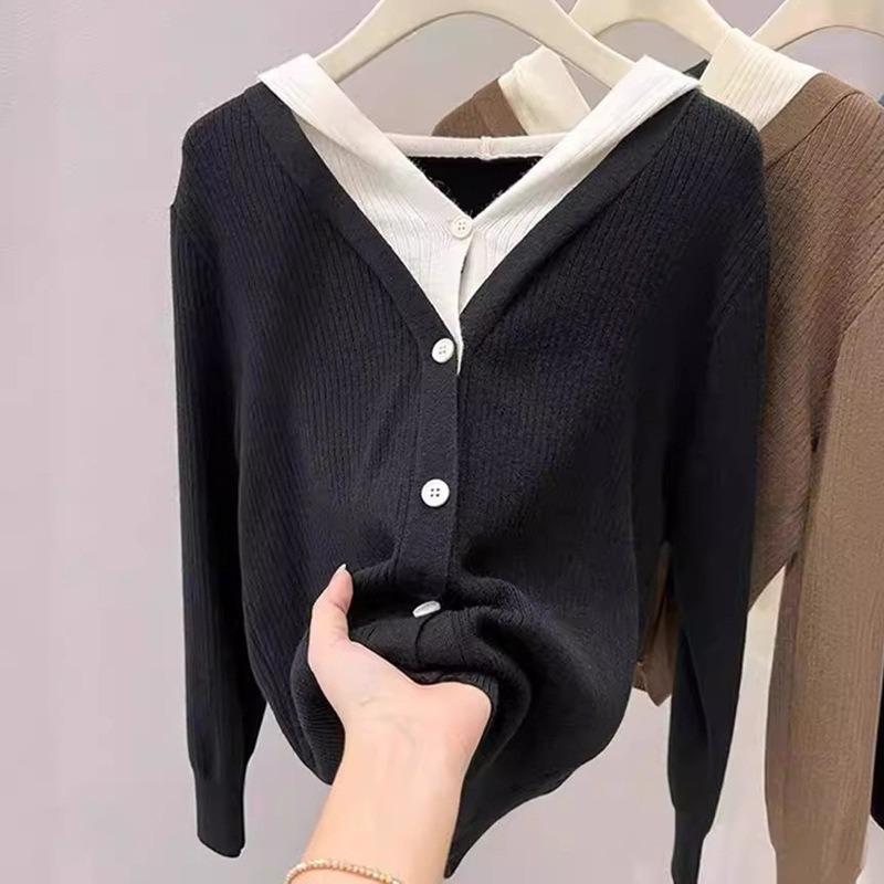 Fake two-piece knitted cardigan women's autumn small man wearing hooded sweater jacket casual loose short top