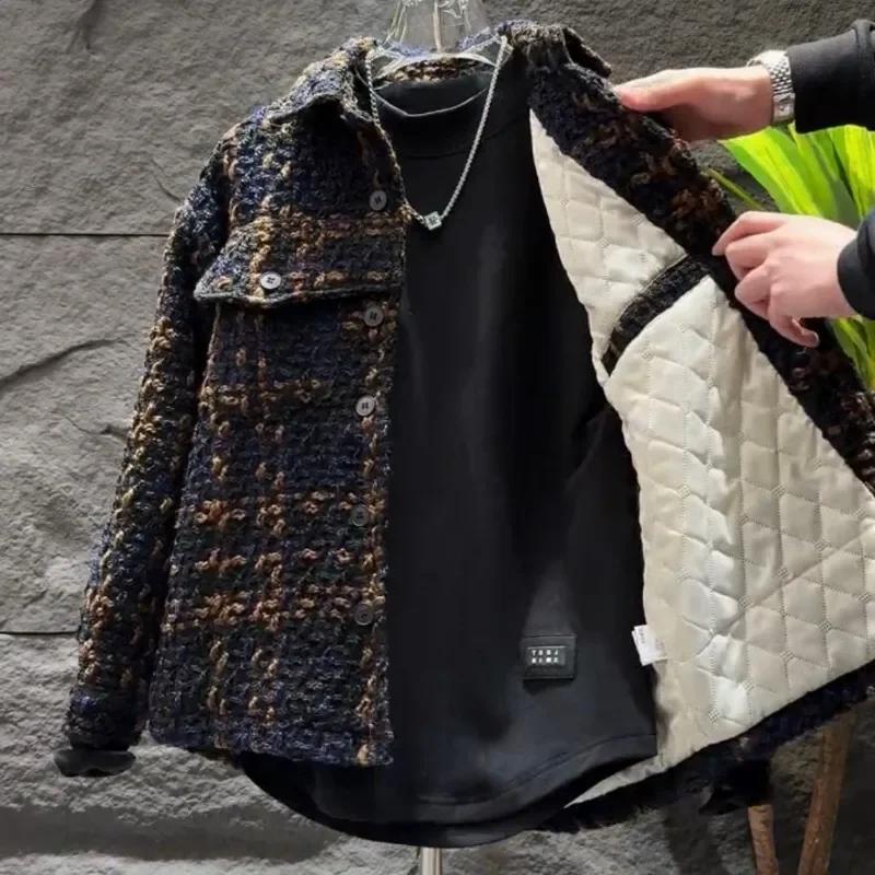 Elegant Plaid Warm Padded Jacket Men's Korean Streetwear Parkas Trendy Versatile Loose Thickened Lapel Shirt Jacket Men Clothing
