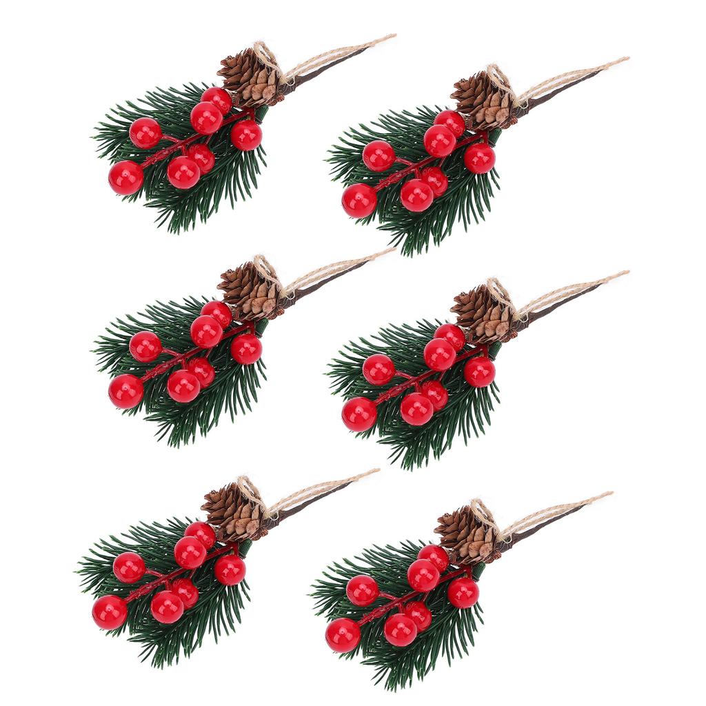 6PCS Artificial Pine Branches with Red Berry and Cone Decorative Pine Needle Picks for Garden