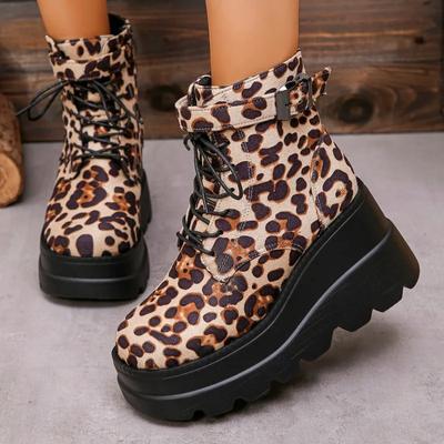 Chaussures de Mode pour Femmes 2024 Grande Taille Bottines pour Femmes à Plateforme Bottes Modernes Femmes Léopard Zip Latéral Lacets Avant Chaussures Compensées Féminines