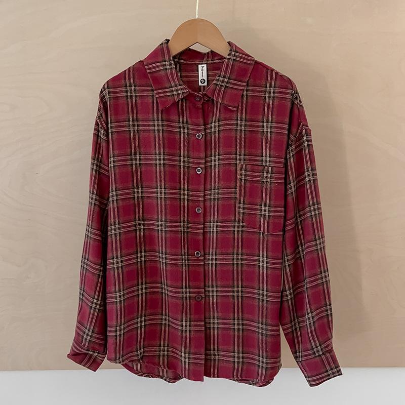 Plaid Shirt Spring and Autumn New Korean Temperament Casual Style Long-sleeved Lapel Jacket Women's Hong Kong Style Retro Versatile Top