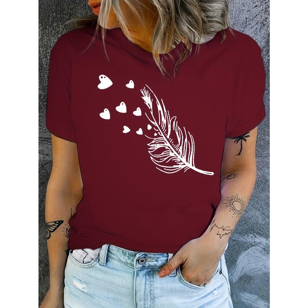 Blue Feather & Hearts Women's Tee - Delicate Graphic, Soft Romantic Print for Casual Daily Wear