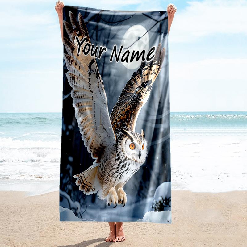 1PC Custom Name Winter Owl Flight Beach Towel Highly Absorbent And Sand-Resistant Towel for Swimming, Pool, Yoga, And Travel Lightweight