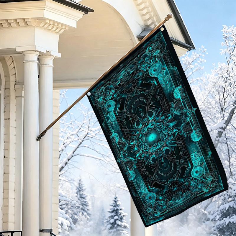2D Flat, 1pc 2D Flat Decorative Flag, Cyberpunk Tech-Inspired Mechanical Line Art In Teal Blue Abstract Pattern, Room and Bedroom Wall Background Han