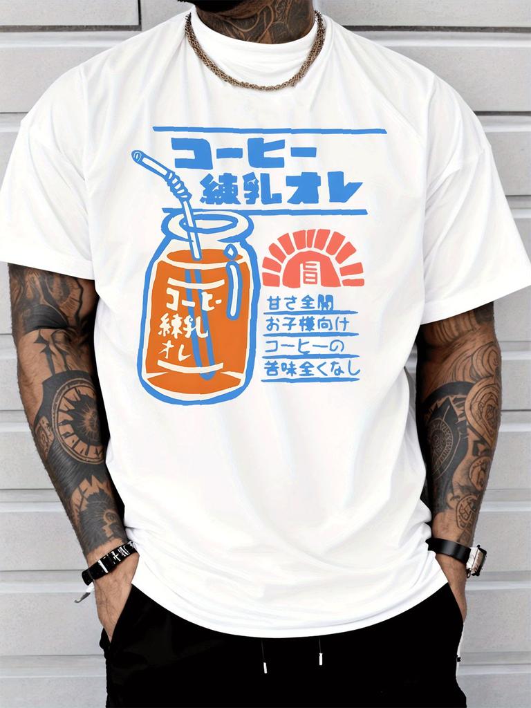 Unisex Round Neck Tee Japanese Coffee Milk Bottle Print Short Sleeve Top Streetwear Summer Casual Outdoor Walking Daily Basic Wear