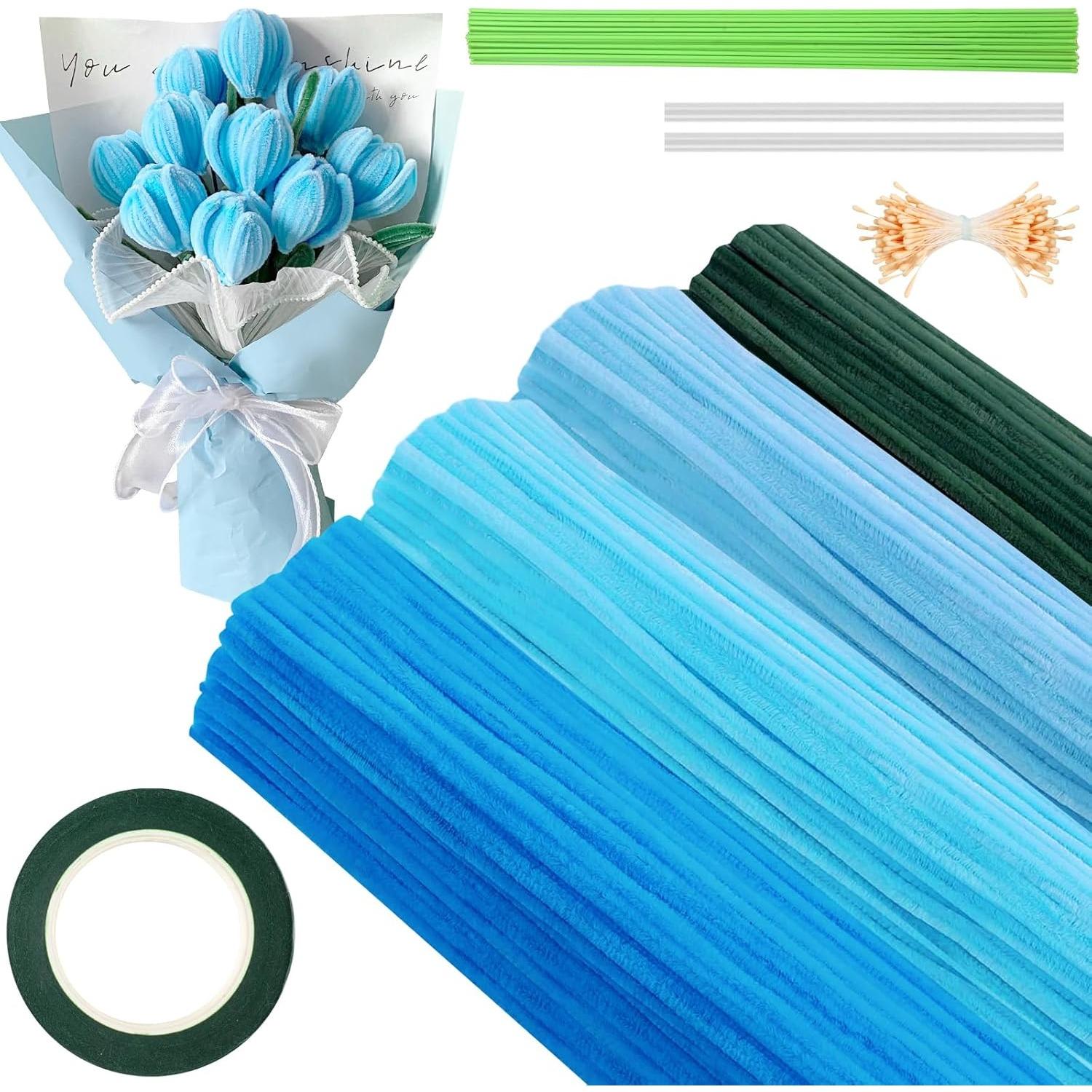 

350 Piece Pipe Cleaner Craft, 4 Color Pipe Cleaners Bulk, Chenille Stems for DIY Flower Making Kits with Hot, Gardening Tape, Stamens (Purple) синій
