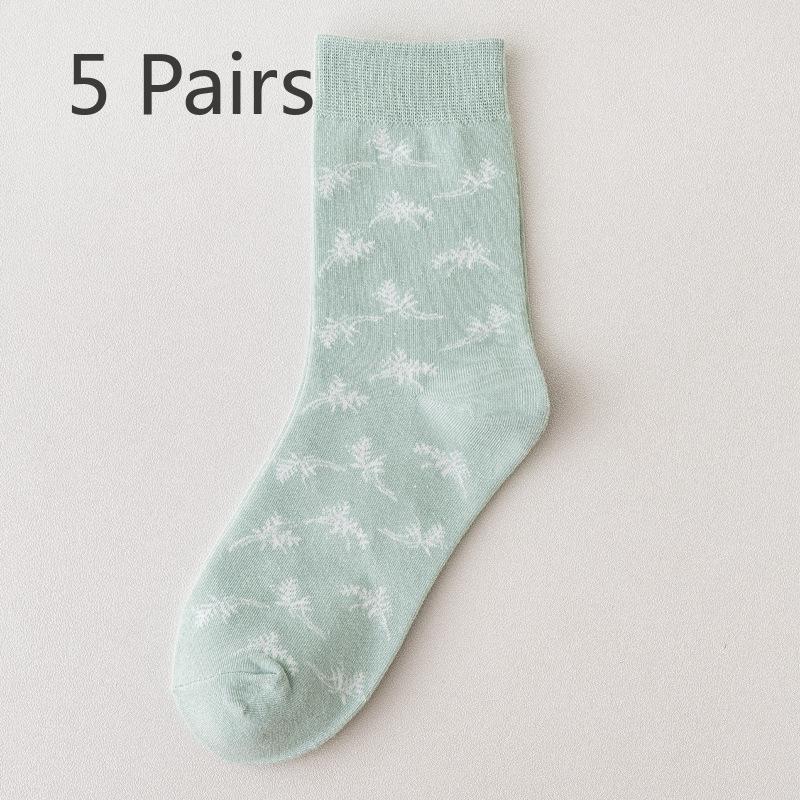 5 Pairs Socks Women's Autumn and Winter Mori Green Mid-calf Socks White Trend High Top Socks Cotton Socks Dotted Plaid Stockings