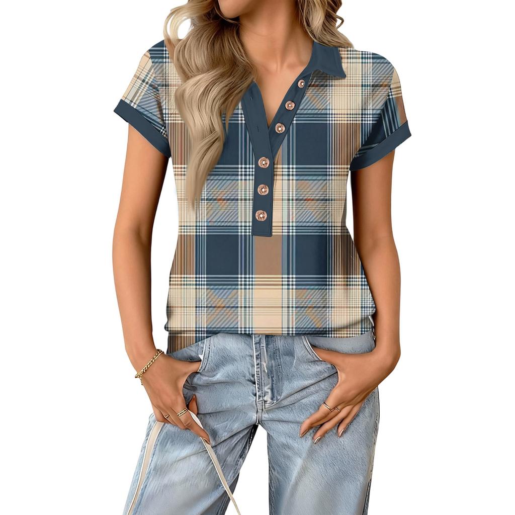 Damen modisches und lässiges Sommer V-Ausschnitt Patchwork Kurzarm Karoprint Top