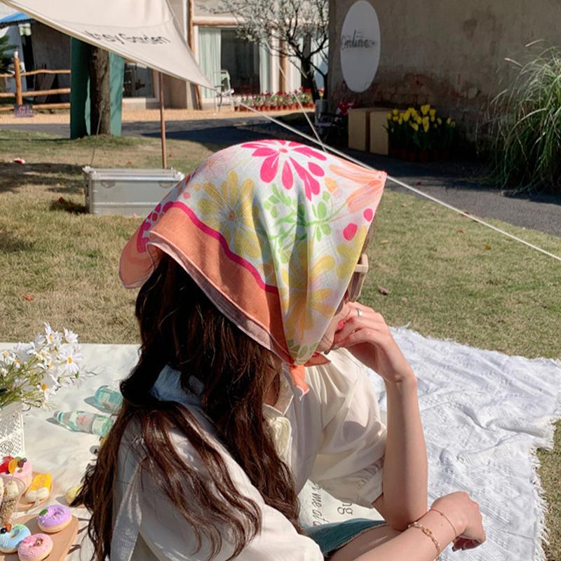Women Flower Printed Headscarf Sun Protection French Pastoral Style Boho Lightweight Travel Picnic Outdoor Girls Scarf