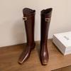 Autumn and Winter Women's Leather Fashion Boots Solid Color Square Head Medium Heel Large Size Women's Boots New Rear Zipper Cowhide High Boots
