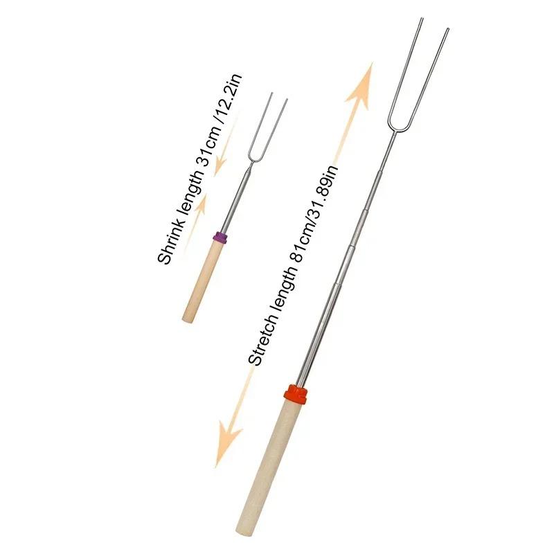 Stainless Steel Telescoping BBQ Fork U-Shaped Hot Dog Skewer with Wooden Handle for Outdoor Grilling Campfire BBQ Use