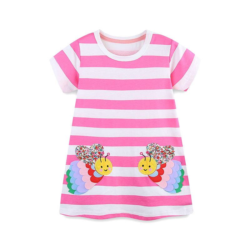Summer Girls  Dress with Cartoon Bee Embroidered Appliqué Princess-Style Fashion Striped Round-Neck Children s Dress 2Y(90cm)