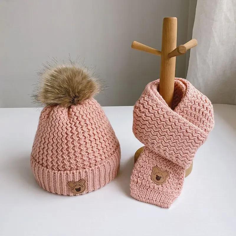 Warm Knitted Young Kids Beanie Scarf Set for Boy Girl Cute Cartoon Bear Crochet Bonnet for Toddler Autumn Winter Knitted Hat