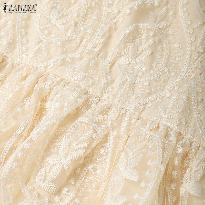 ZANZEA Women Stand Collar Summer Casual Short Sleeve Patchwork Lace Dress