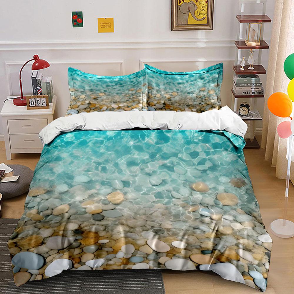 3Pcs - Soft Breathable Comfortable Beach-Inspired Bedding Set with Sand Sea Water Print Home Bed Decor Gift for Kids Adults